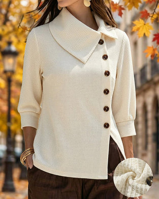 Waffle Spread-Collar Button-Up Top