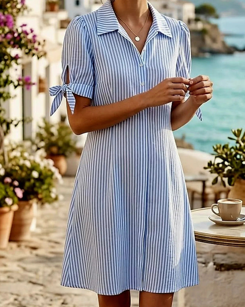 Bowknot Drawstring Cuff Striped Shirt Dress