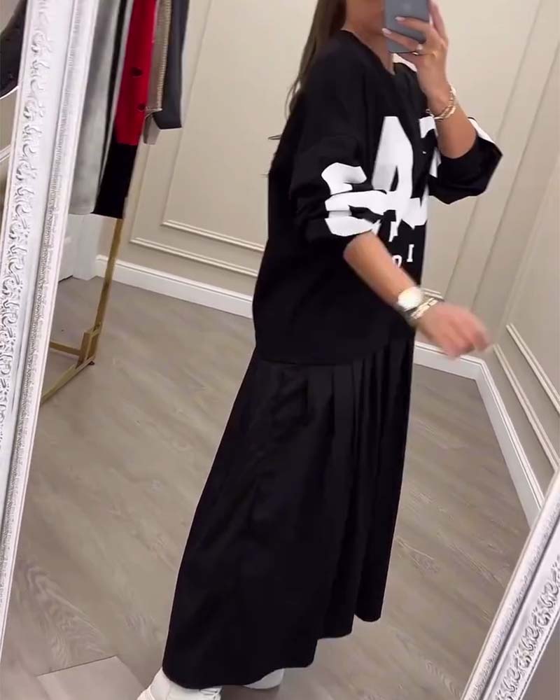 Lettering Casual Sweatshirt Pleated Patchwork Dress
