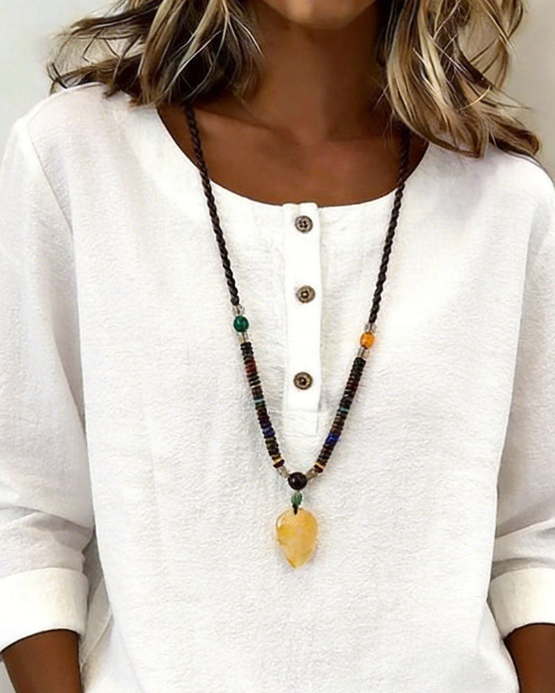 Round Neck Button Down Long Sleeve Blouse