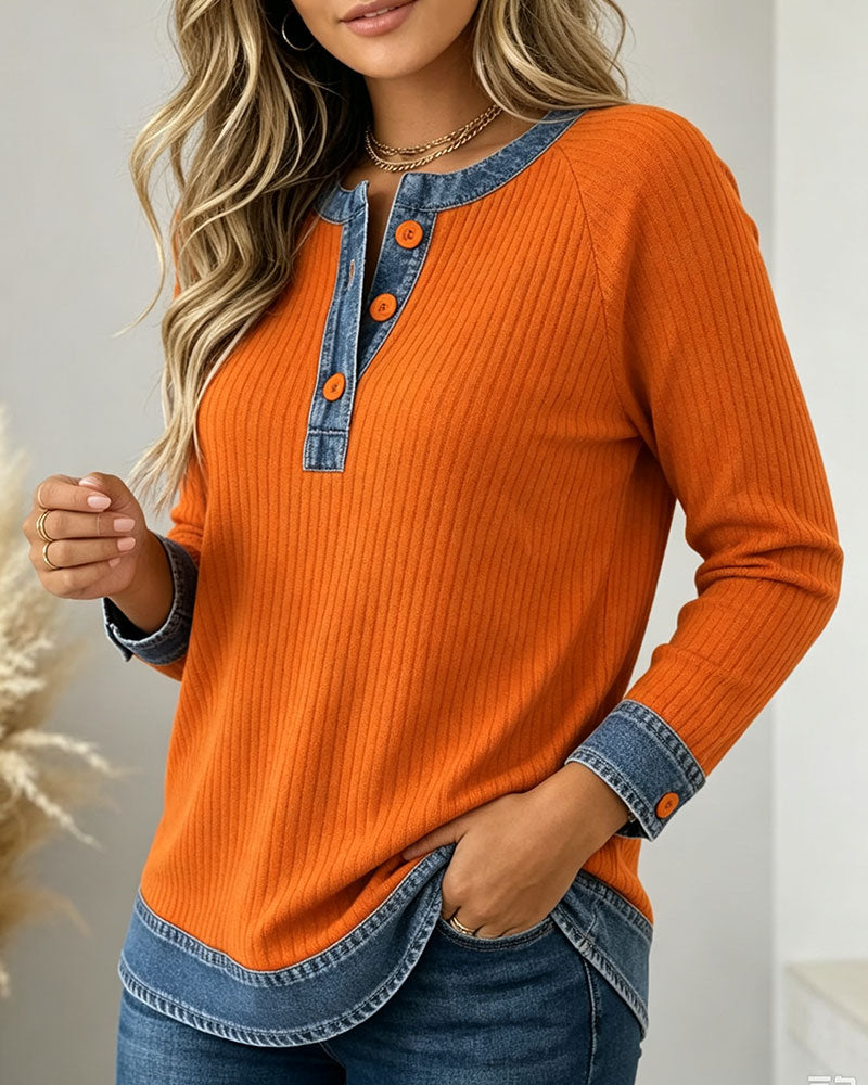 Buttoned Round Neck Pit Denim Patchwork Top