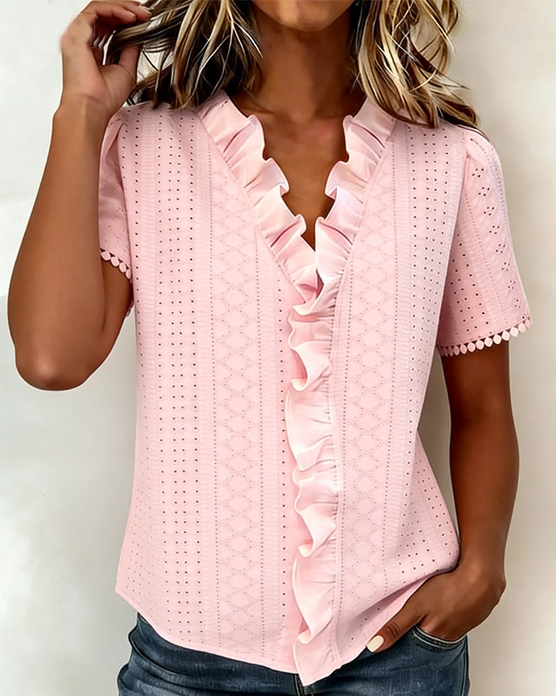 Ruffle V-Neck Short Sleeve Cut-Out Blouse