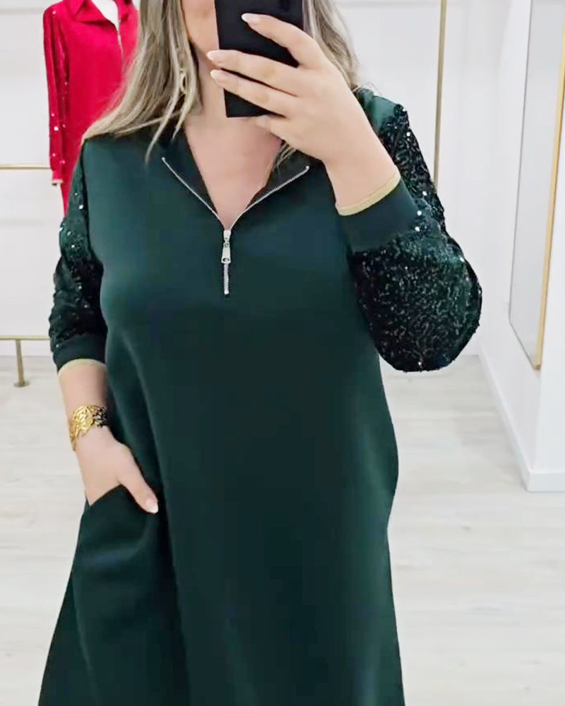Hooded Zipper Sequin Patchwork Dress