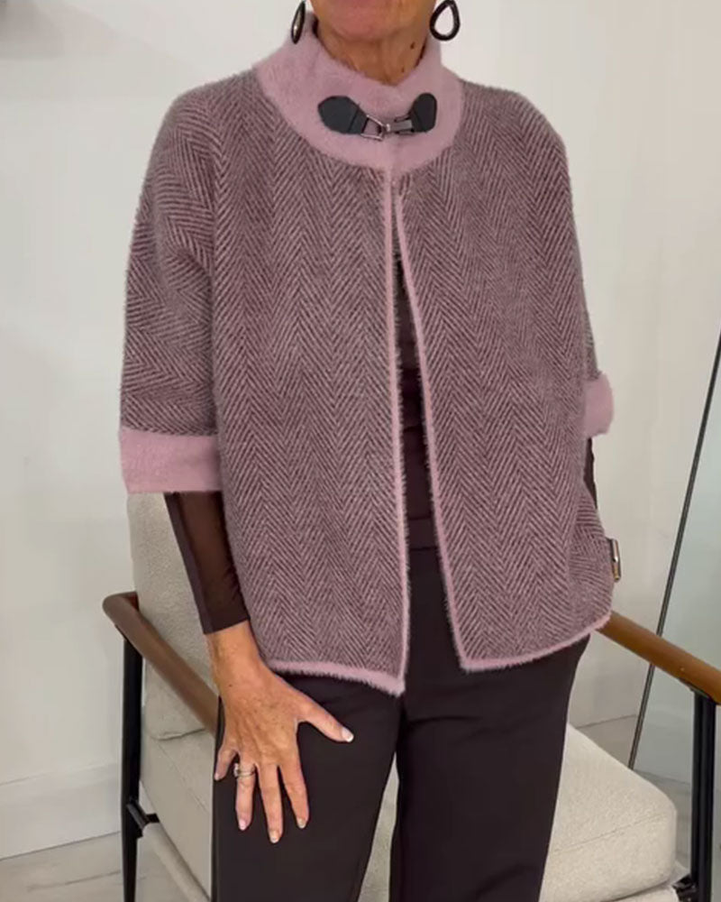 Herringbone Color Block Cropped Knit Cardigan