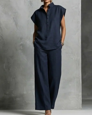 Solid Color Blouse & Wide-Leg Pants Set