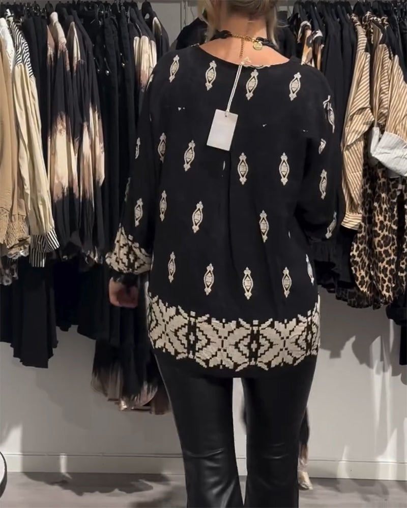 V-neck lantern sleeve printed shirt