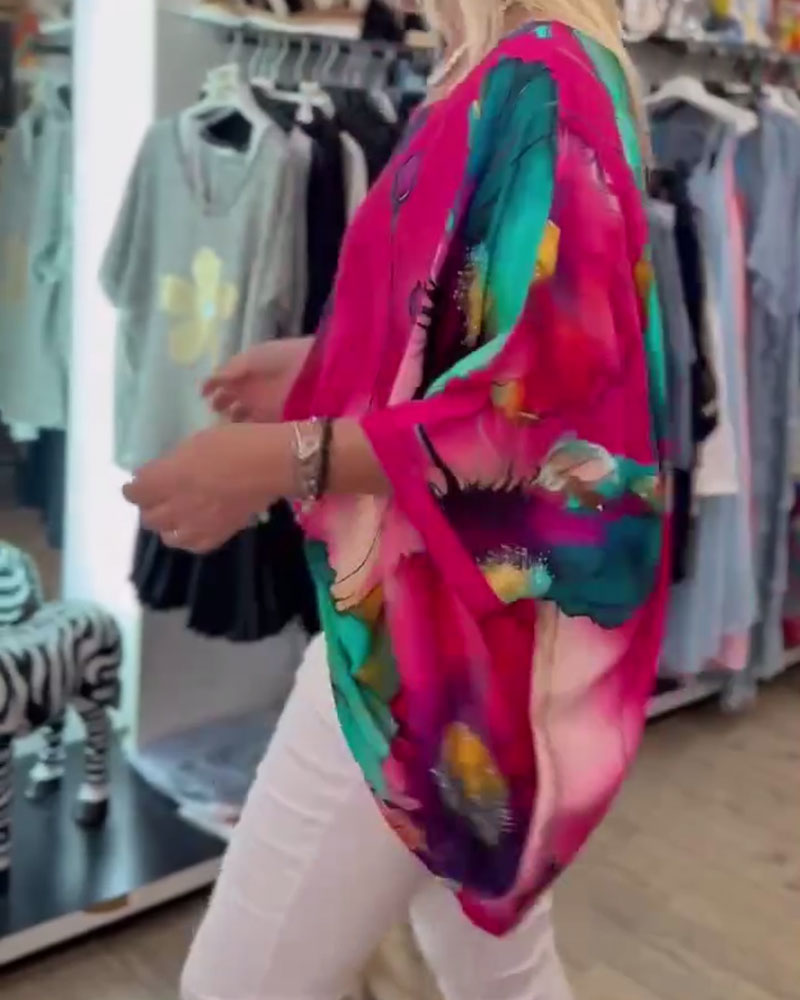 Batwing Sleeve Half Sleeve Print Blouse