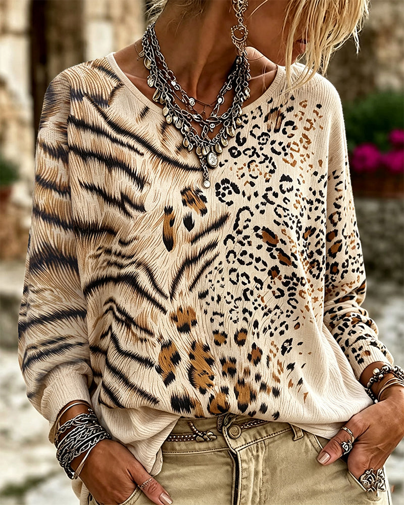 Crew Neck Leopard Long Sleeve Blouse