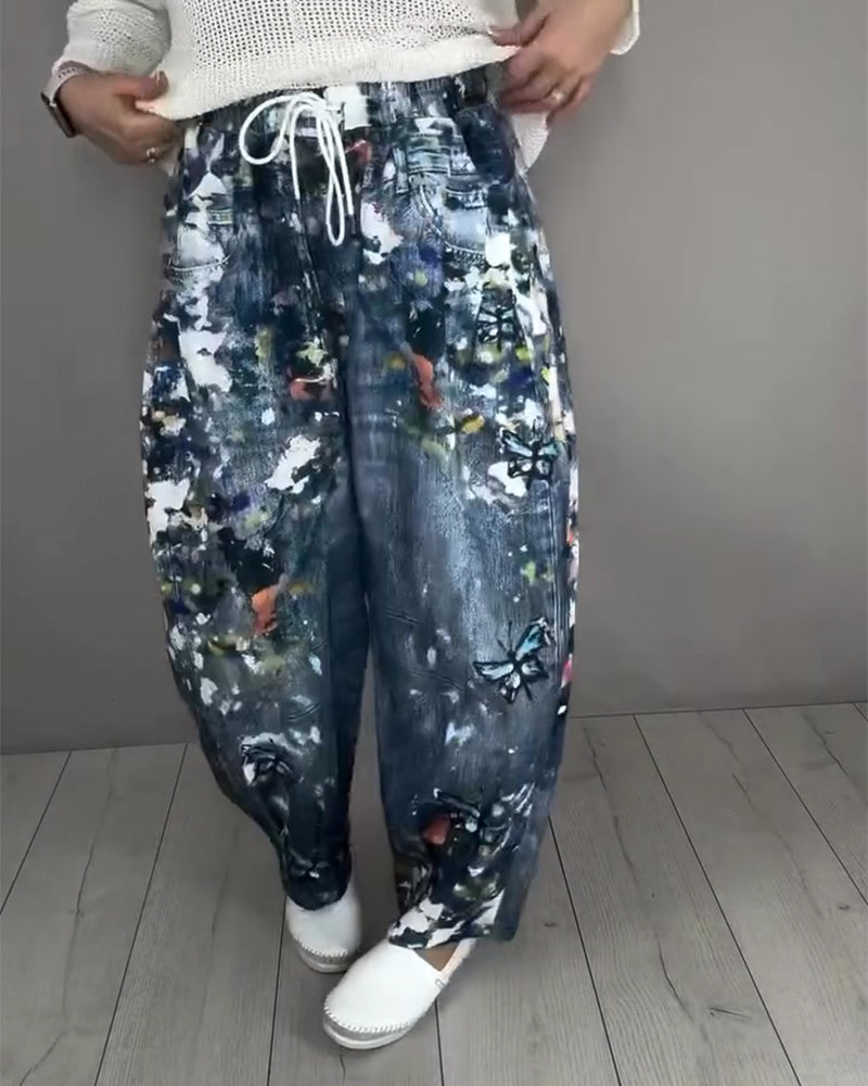 Splatter Print Drawstring Jeans