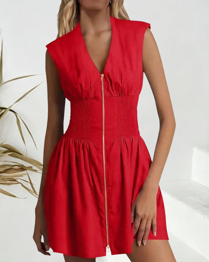 V-Neck Zipper Cinched Waist Sleeveless Dress
