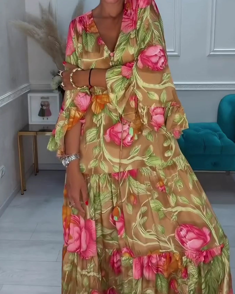 V-Neck Full Skirt Floral Dress