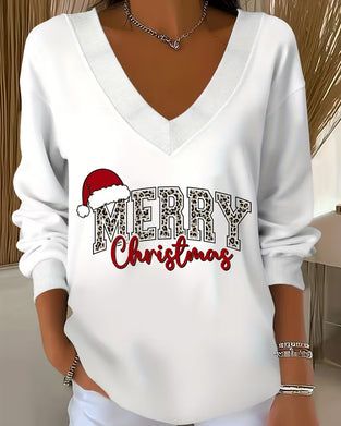 V-neck Christmas Print Sweatshirt