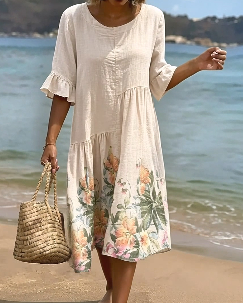 Ruffled Sleeve Printed Dress
