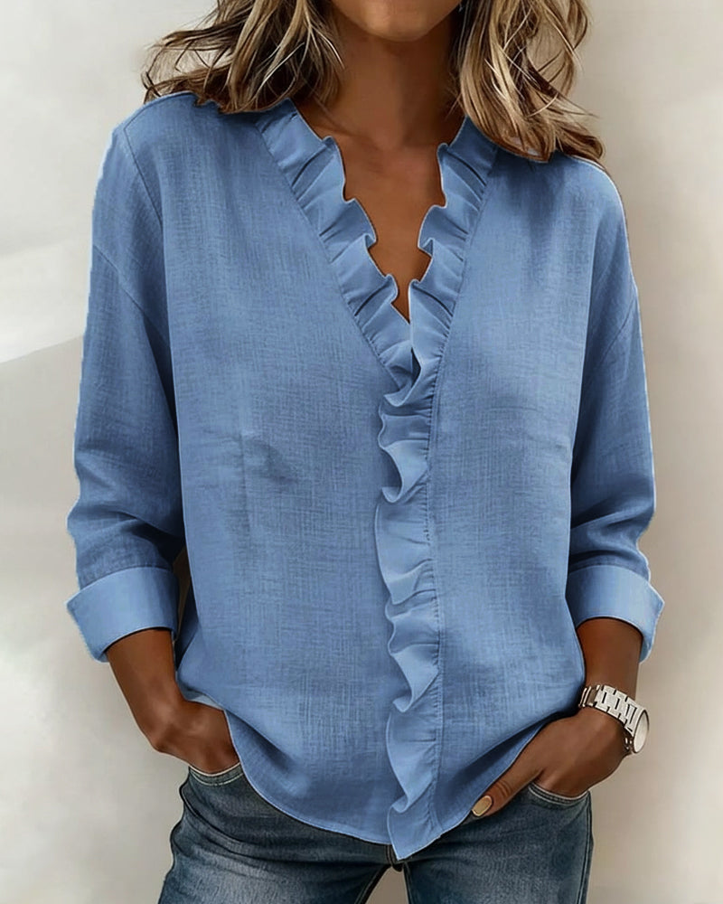Ruffle V-Neck Long-Sleeve Blouse