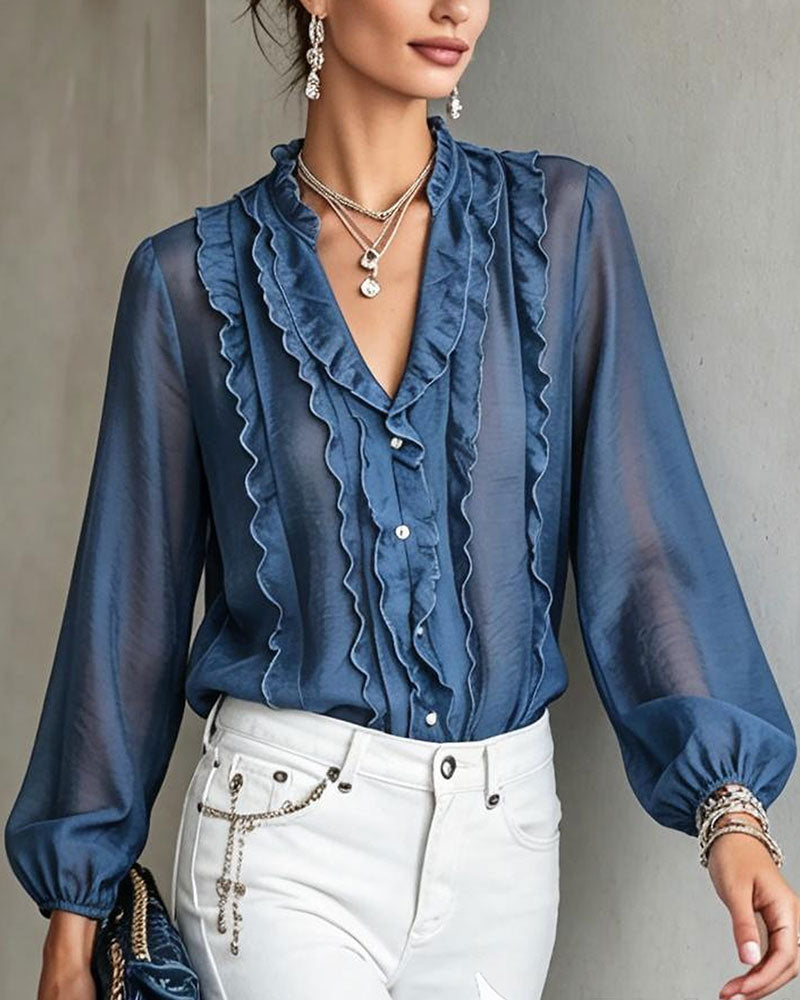 V-Neck Button Ruffle Blouse