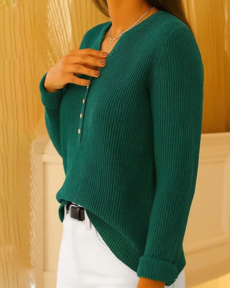 Elegant V-Neck Button Pullover