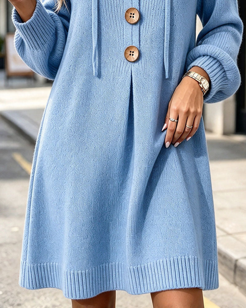 Hooded Ruched Button Sweater Dress