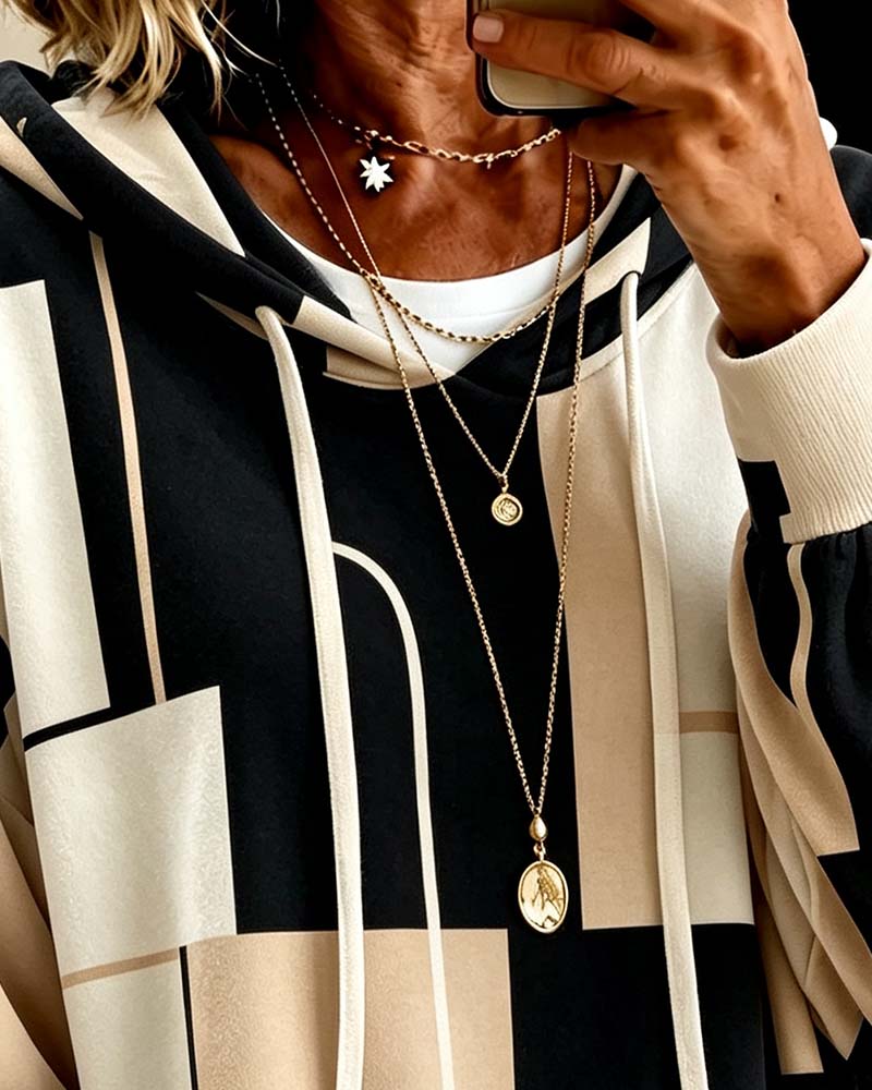 Geometric Print Color Block Drawstring Sweatshirt