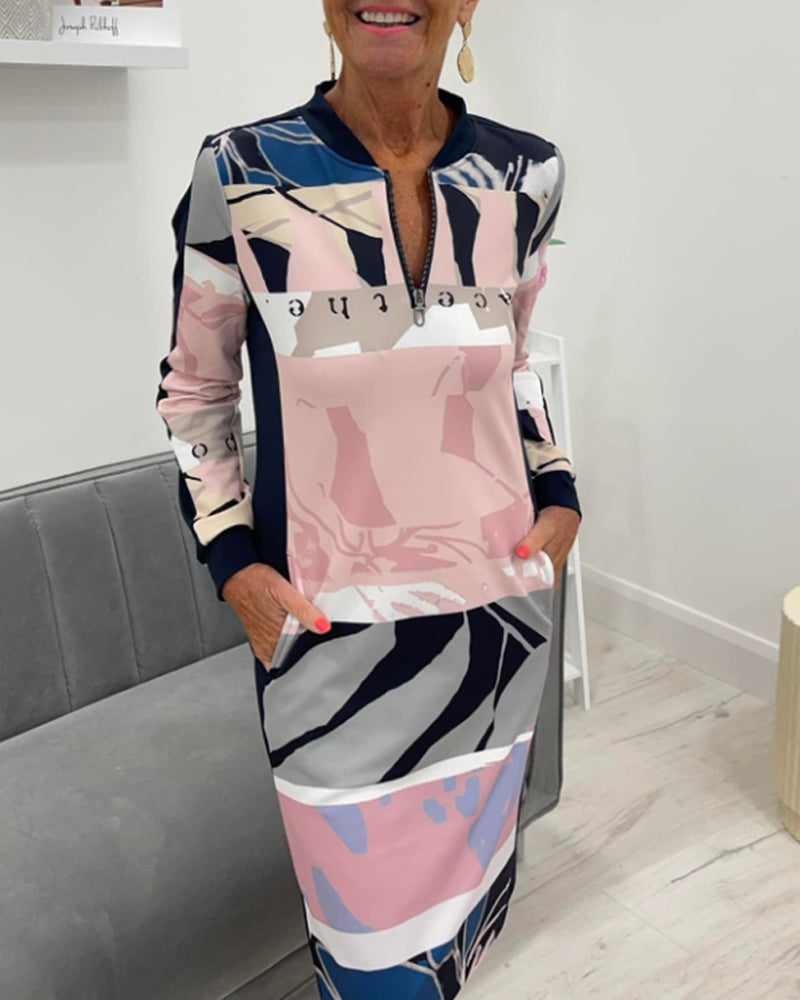 Zippered long sleeve pocket color block dress