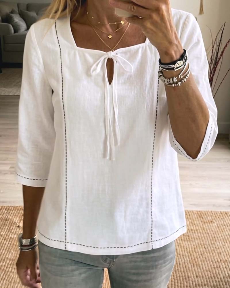 Square Neck Tie Hollow Out Blouse