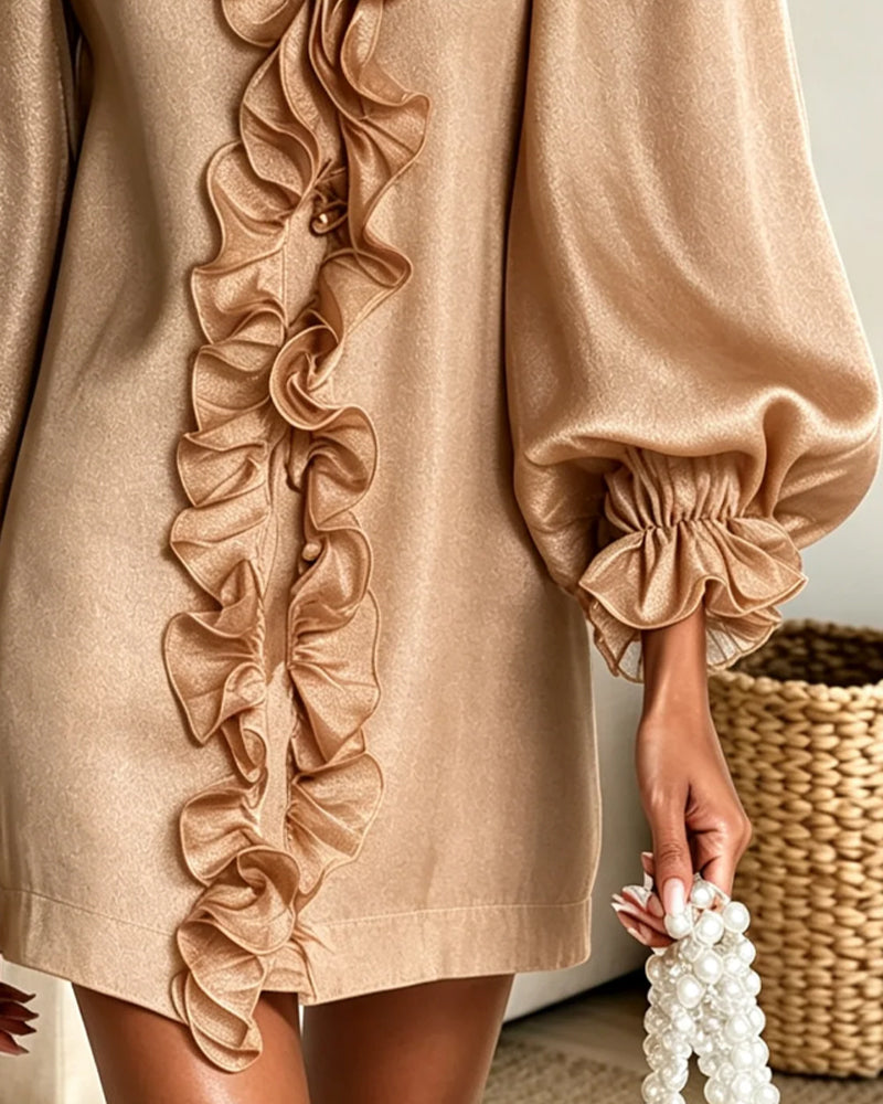 Puff-Sleeve Ruffle-Trim V-Neck Dress