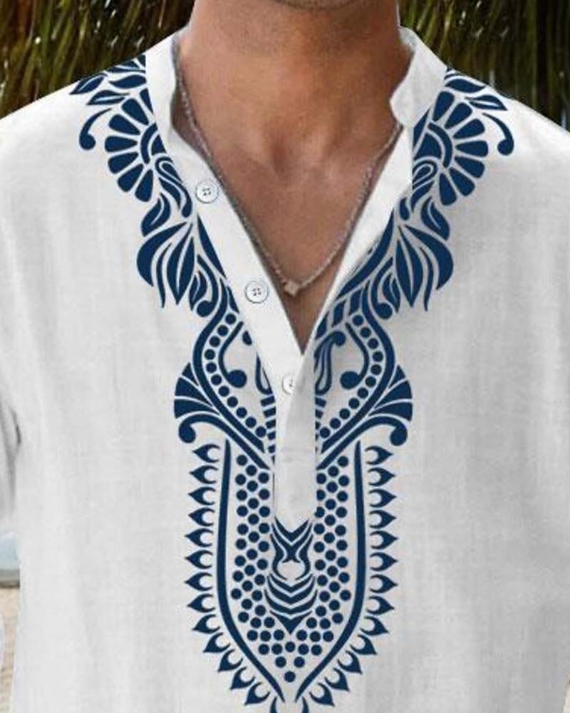 Ethnic Blue Print Mandarin Collar Shirts