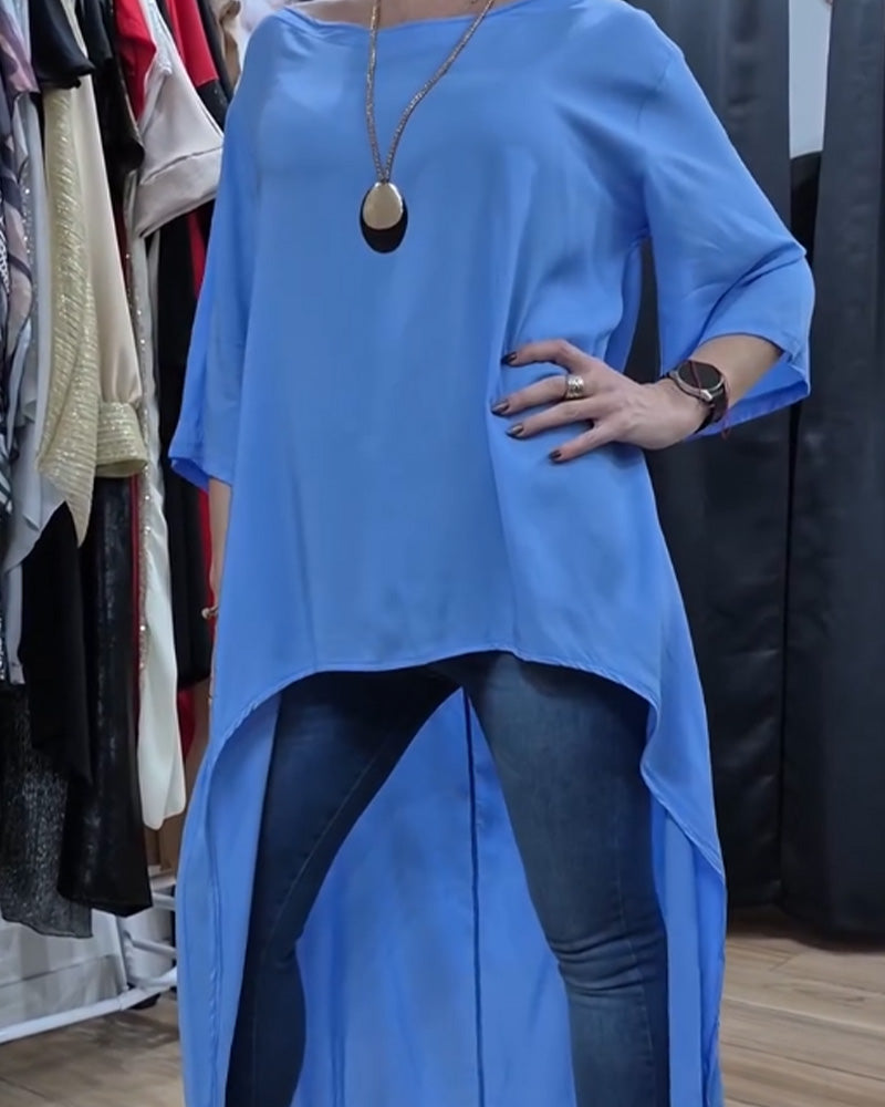 Three-Quarter Sleeve Irregular Solid Loose Top