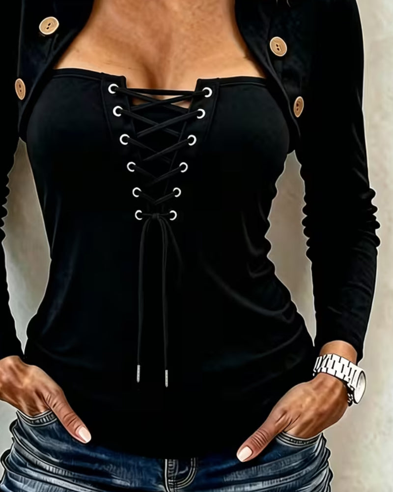 Square Neck Tie Front Cross Button Top