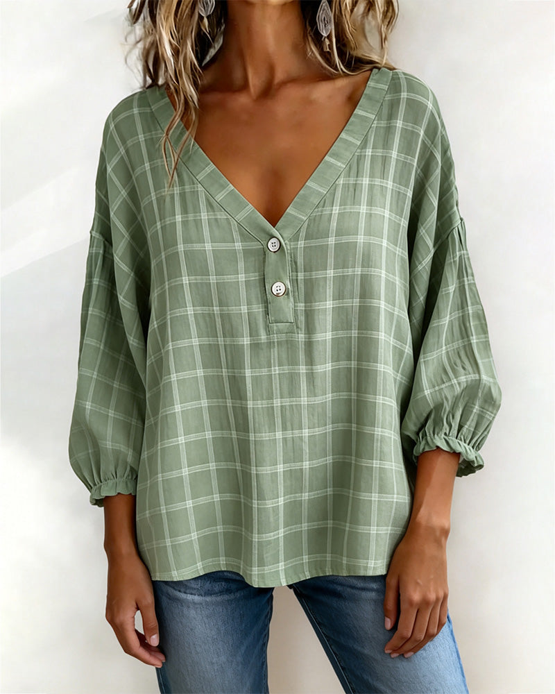V-Neck Plaid Loose Top