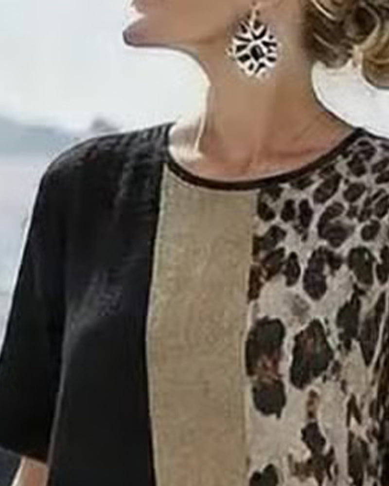 Leopard Print Patchwork Short Sleeve Dress