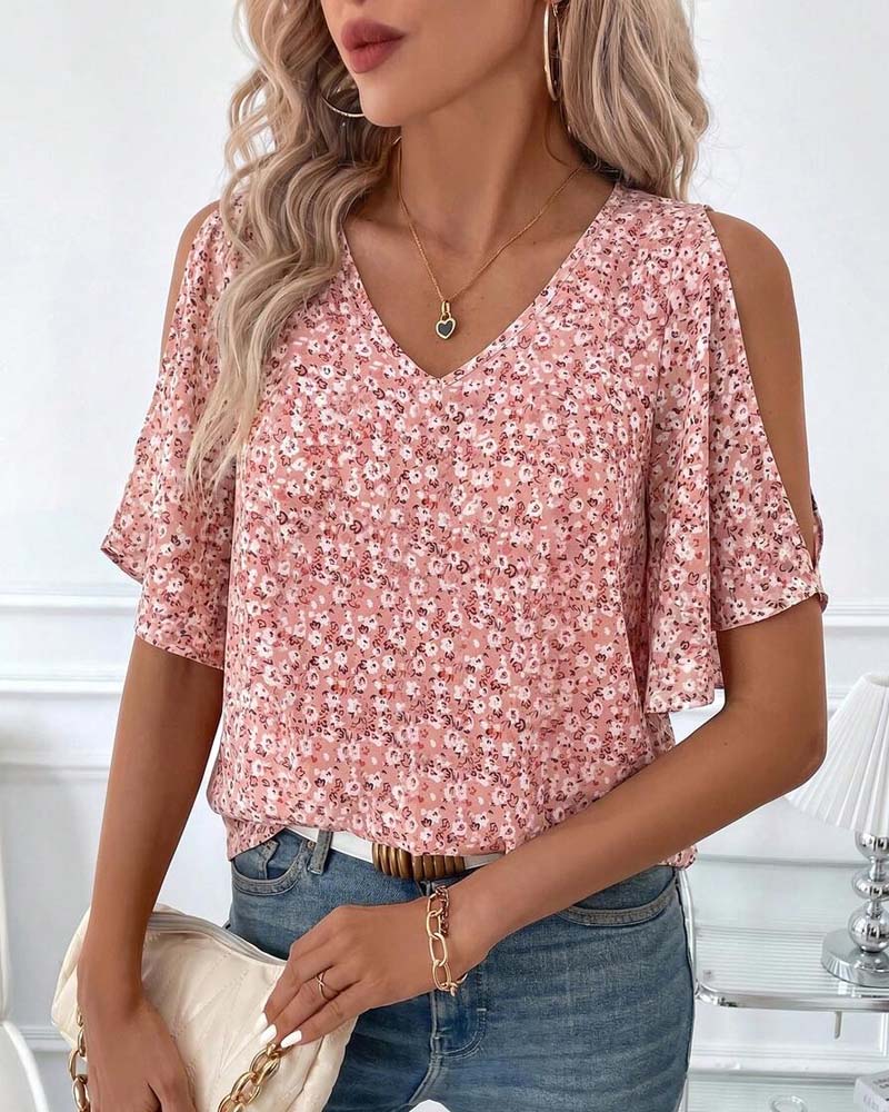 V-Neck Floral Off-Shoulder Flutter Sleeve Blouse
