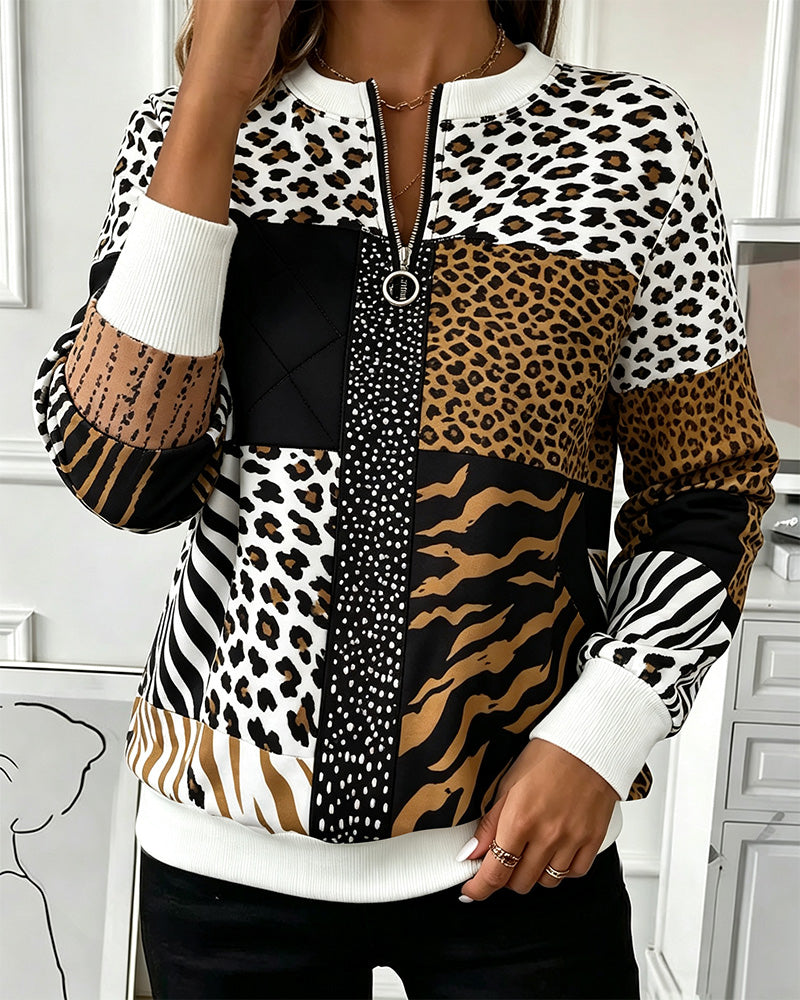Zipper Leopard Polka Dot Pattern Sweatshirt