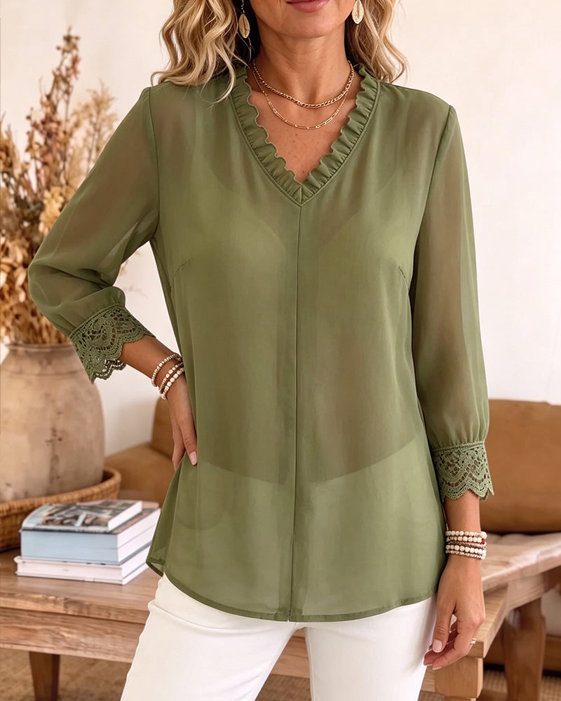 V-Neck Ruffle Lace Patchwork Blouse