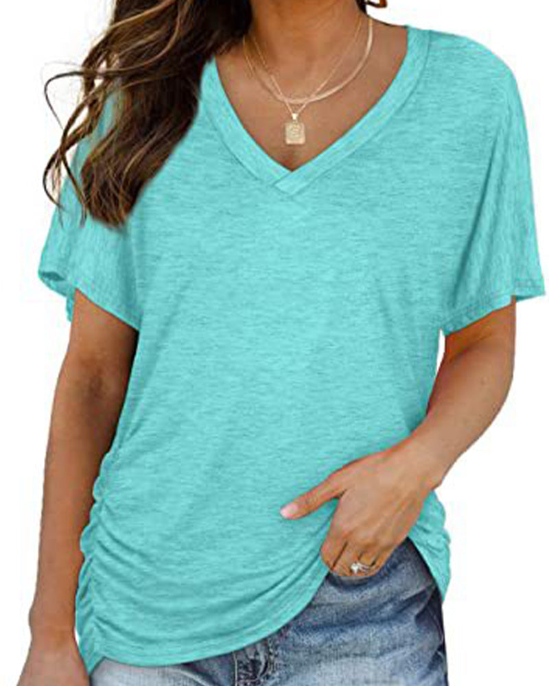 Pleated Solid Color V-Neck T-Shirt