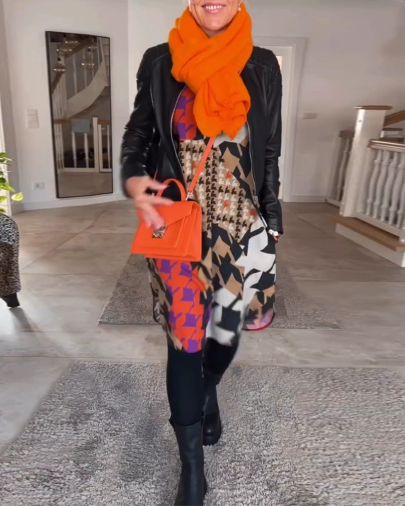 Printed v-neck long sleeve dress