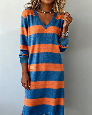 V-Neck Colorful Striped Knitted Dress