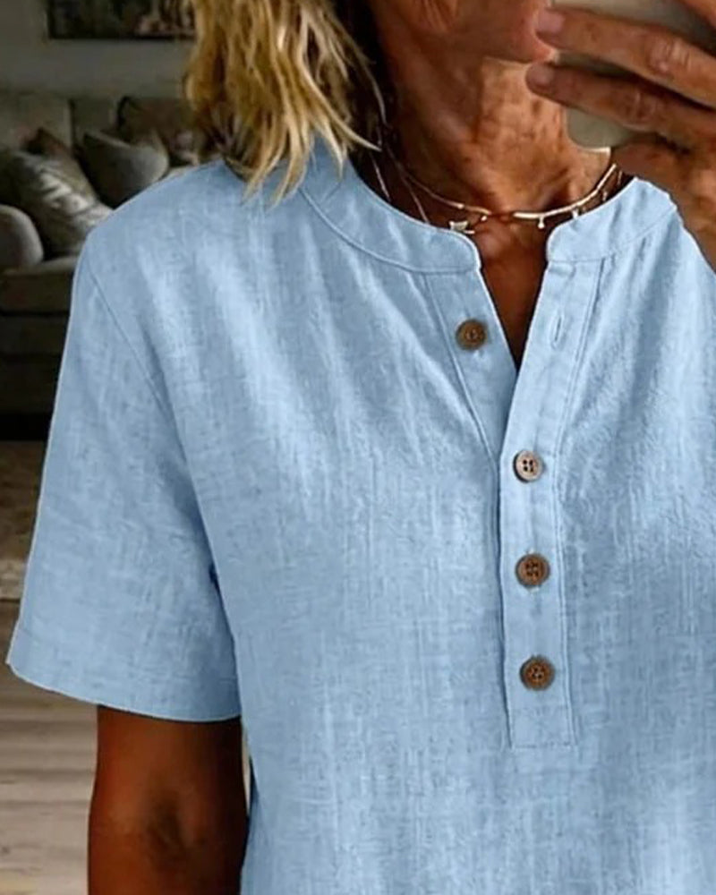 Solid-Color Loose-Fit Short-Sleeve Blouse
