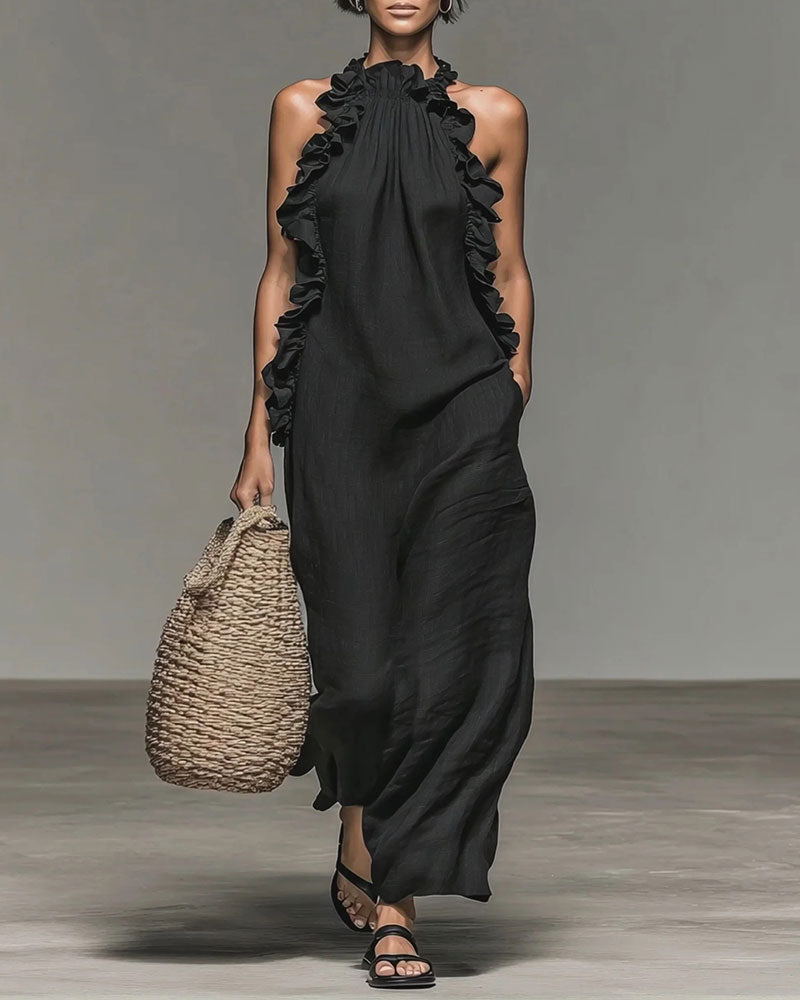 Halterneck Ruffled Long Dress