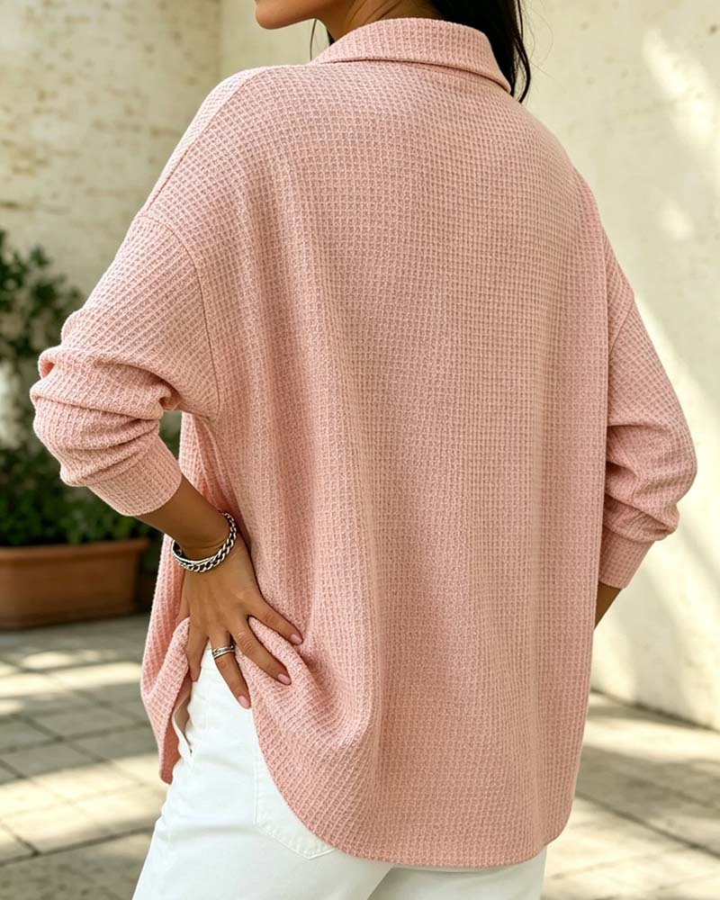 Waffle Lapel Long Sleeve Top