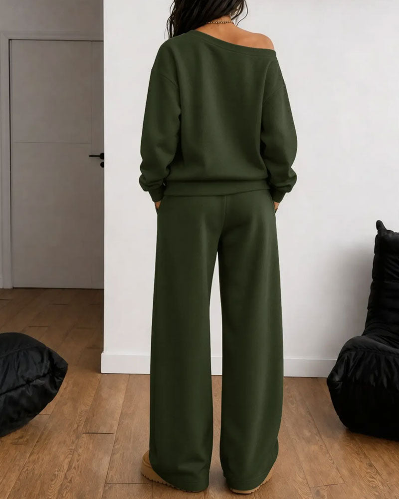 One Shoulder Casual Sweatshirt Long Pants Set