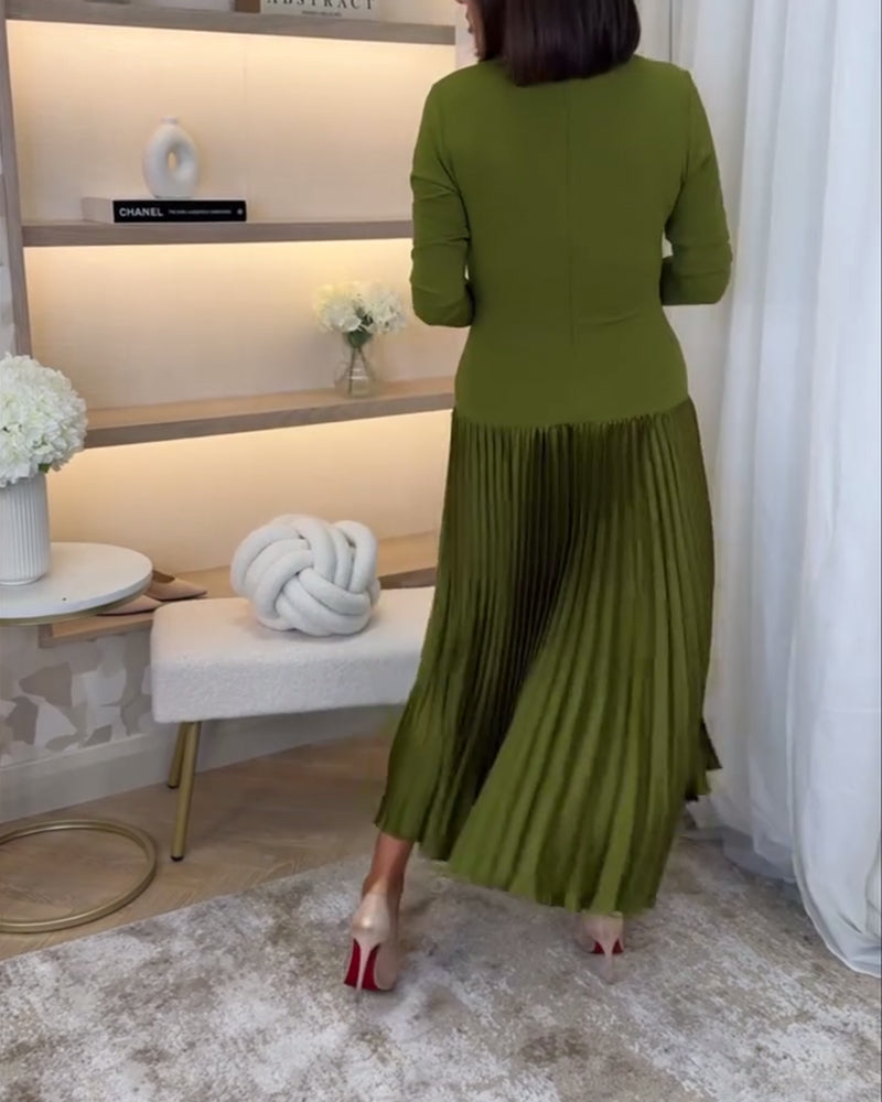 Casual solid color long sleeve pleated dress