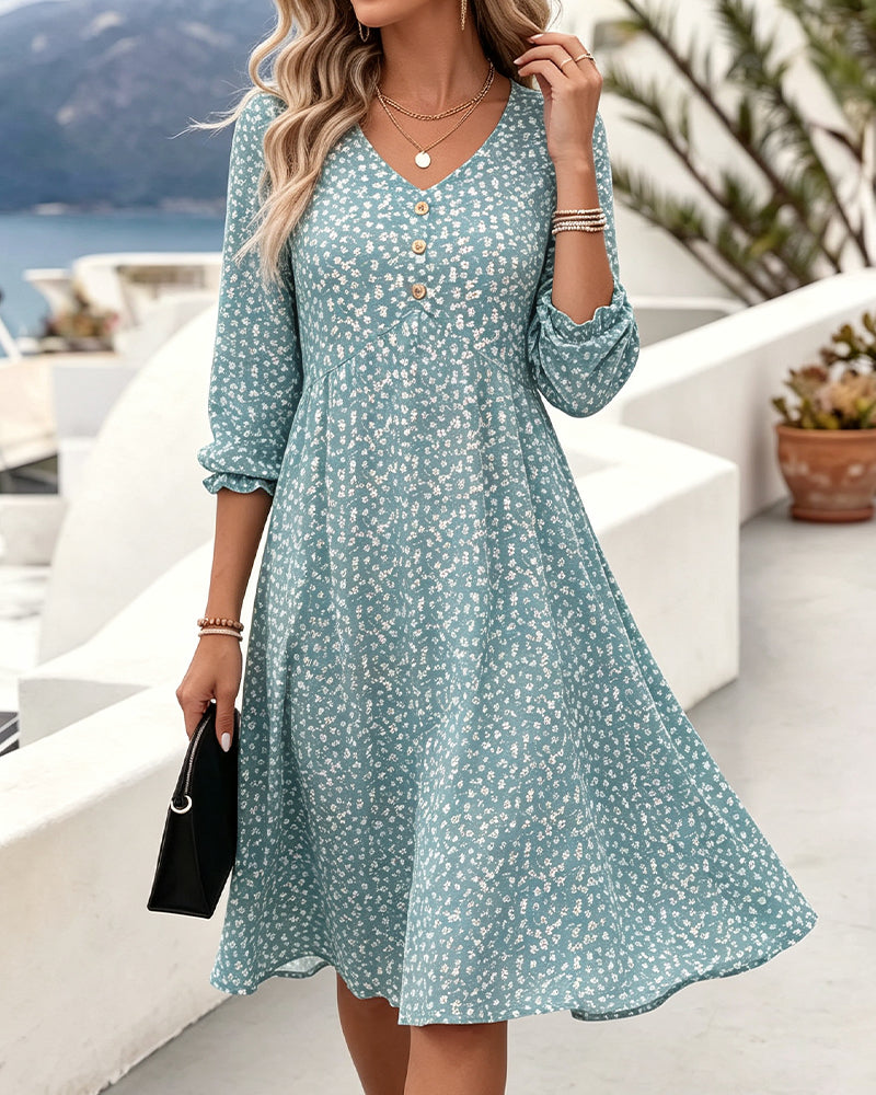 V-Neck Floral Puff Sleeve A-Line Dress