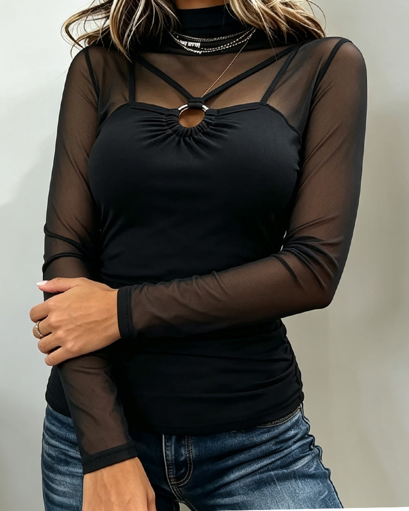 High Collar Mesh Metal Ring Top