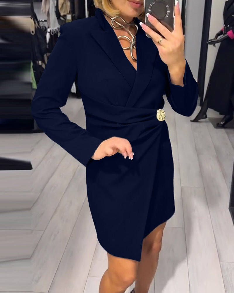 Solid Color Suit Collar Fashion Dress