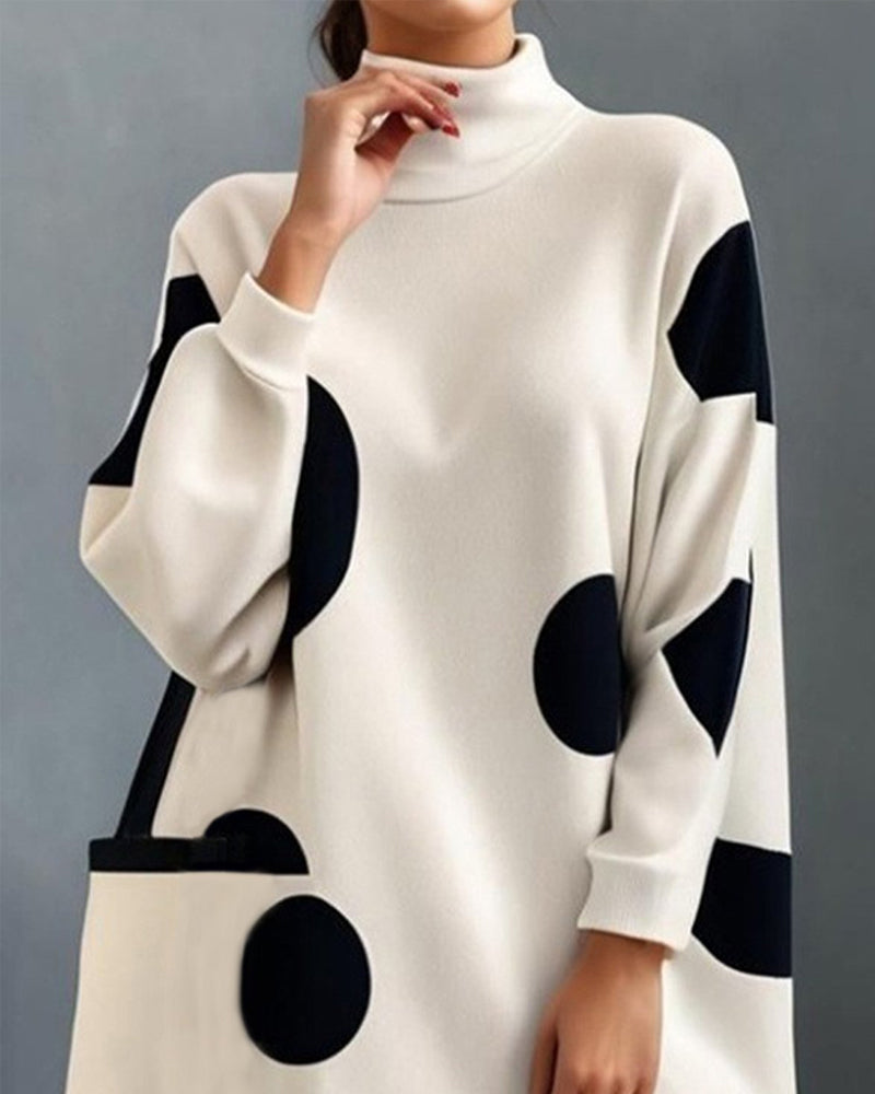Elegant polka dot high neck pocket loose dress