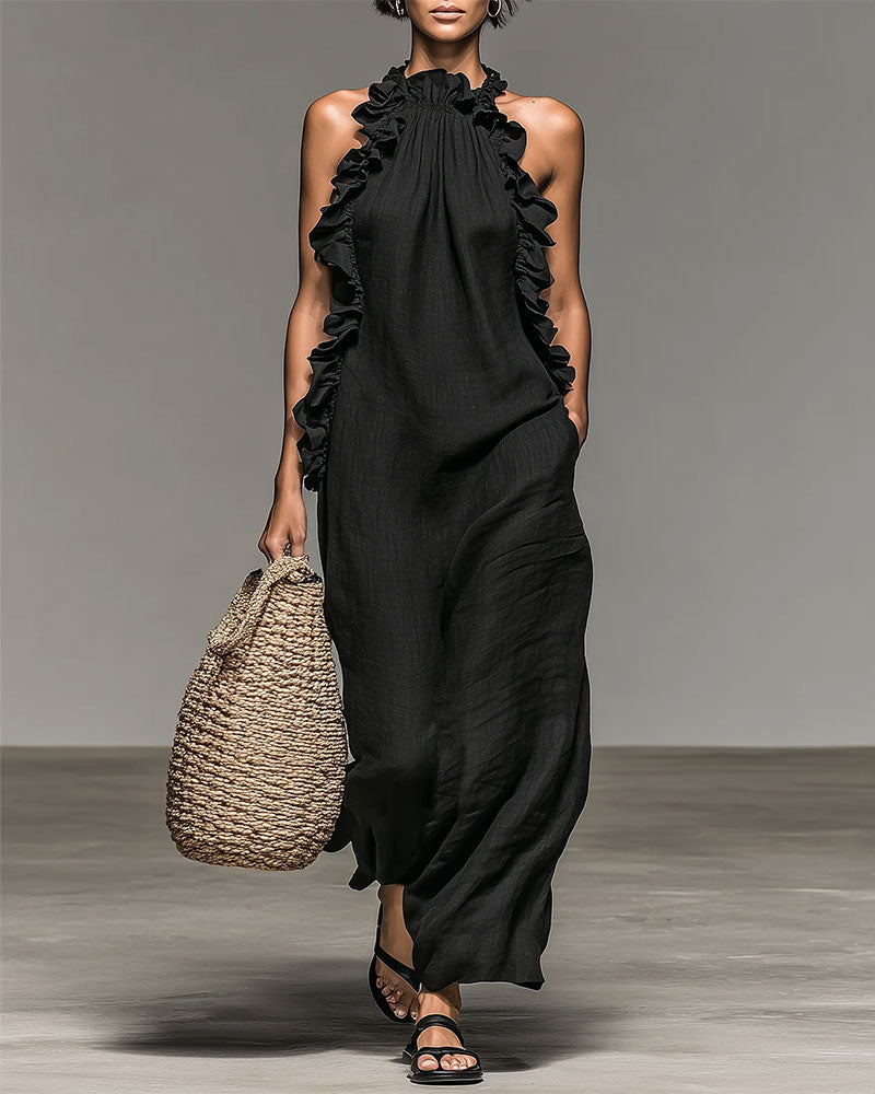 Halterneck Ruffled Long Dress