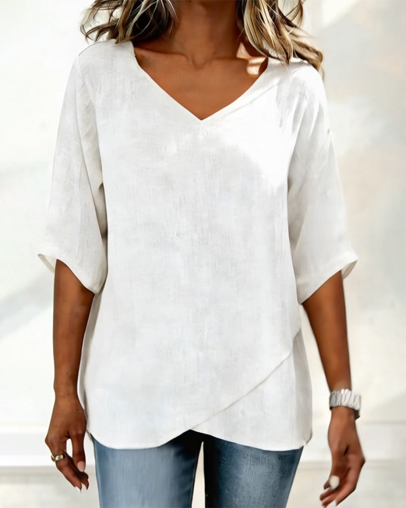 Irregular Hem Solid Color V-Neck Top