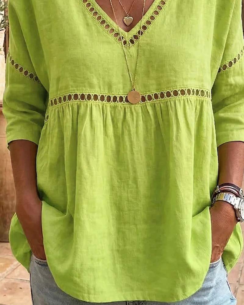 Hollow Out V-Neck Loose Fit Blouse