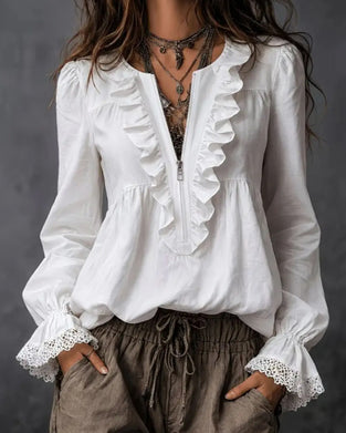 Zippered Ruffle-Sleeve Blouse