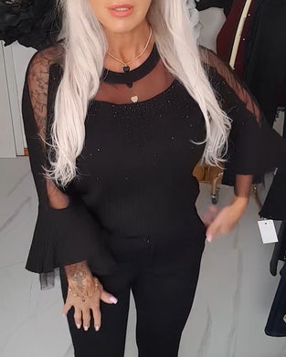 Bell-Sleeved Mesh-Paneled Top